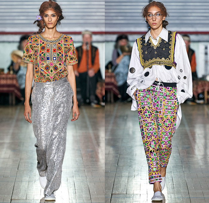 Ashish Gupta 2020 Spring Summer Womens Runway Catwalk Looks Collection - London Fashion Week Collections UK - Bedazzled Embroidery Sequins Circular Mirrors Tribal Ethnic Geometric Knit Weave Vest Bib Sweater Long Sleeve Blouse Frayed Shirtdress Elongated Halterneck Shorts Skirt Denim Jeans Wide Leg Pants Jogger Sweatpants Dress Swimwear Bikini Mullet High-Low Hem Patchwork Tied Cinch Sheer Gown Flats Slip-Ons