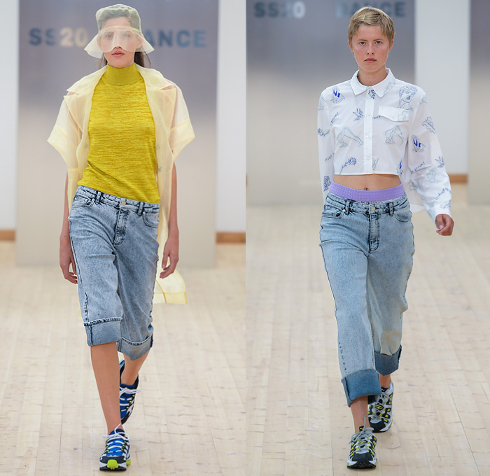 Baum und Pferdgarten 2020 Spring Summer Womens Runway Catwalk Looks Collection - Copenhagen Fashion Week Denmark CPHFW København - Dance Sheer Tulle Mesh Bucket Hat Mockneck Crop Top Midriff Shirt Cinch Drawstring Pantsuit Blazer Plaid Check Ruffles Dress Drawings Poufy Shoulders Noodle Strap Knit Sweater Swimwear Onesie Jumpsuit Coveralls Quilted Puffer Vest Bicycle Cycling Bike Compression Shorts Leggings Denim Jeans Culottes Wide Leg Cargo Pockets Shirtdress Handbag Trainers