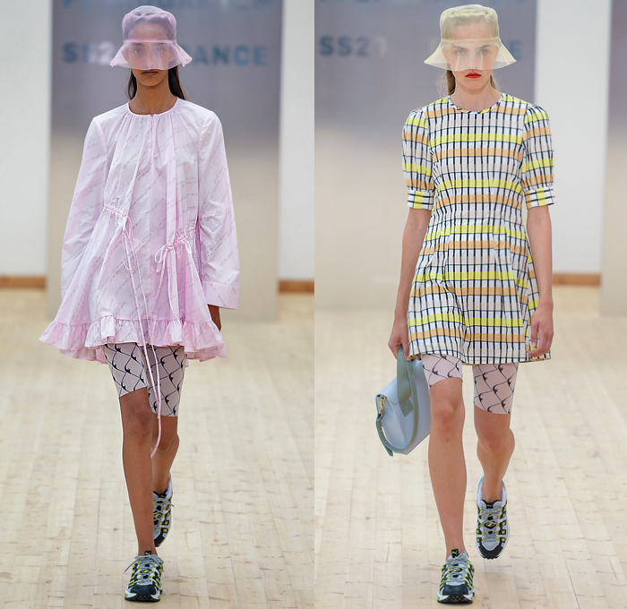 Baum und Pferdgarten 2020 Spring Summer Womens Runway Catwalk Looks Collection - Copenhagen Fashion Week Denmark CPHFW København - Dance Sheer Tulle Mesh Bucket Hat Mockneck Crop Top Midriff Shirt Cinch Drawstring Pantsuit Blazer Plaid Check Ruffles Dress Drawings Poufy Shoulders Noodle Strap Knit Sweater Swimwear Onesie Jumpsuit Coveralls Quilted Puffer Vest Bicycle Cycling Bike Compression Shorts Leggings Denim Jeans Culottes Wide Leg Cargo Pockets Shirtdress Handbag Trainers