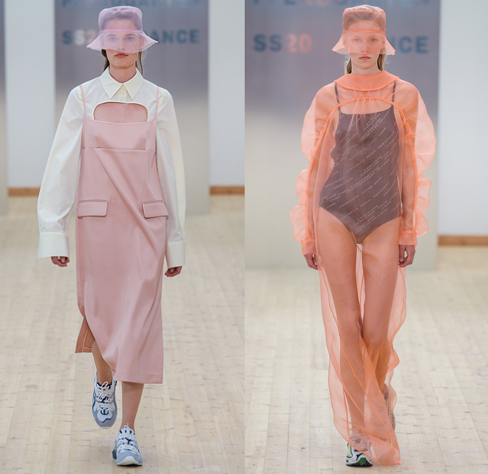 Baum und Pferdgarten 2020 Spring Summer Womens Runway Catwalk Looks Collection - Copenhagen Fashion Week Denmark CPHFW København - Dance Sheer Tulle Mesh Bucket Hat Mockneck Crop Top Midriff Shirt Cinch Drawstring Pantsuit Blazer Plaid Check Ruffles Dress Drawings Poufy Shoulders Noodle Strap Knit Sweater Swimwear Onesie Jumpsuit Coveralls Quilted Puffer Vest Bicycle Cycling Bike Compression Shorts Leggings Denim Jeans Culottes Wide Leg Cargo Pockets Shirtdress Handbag Trainers