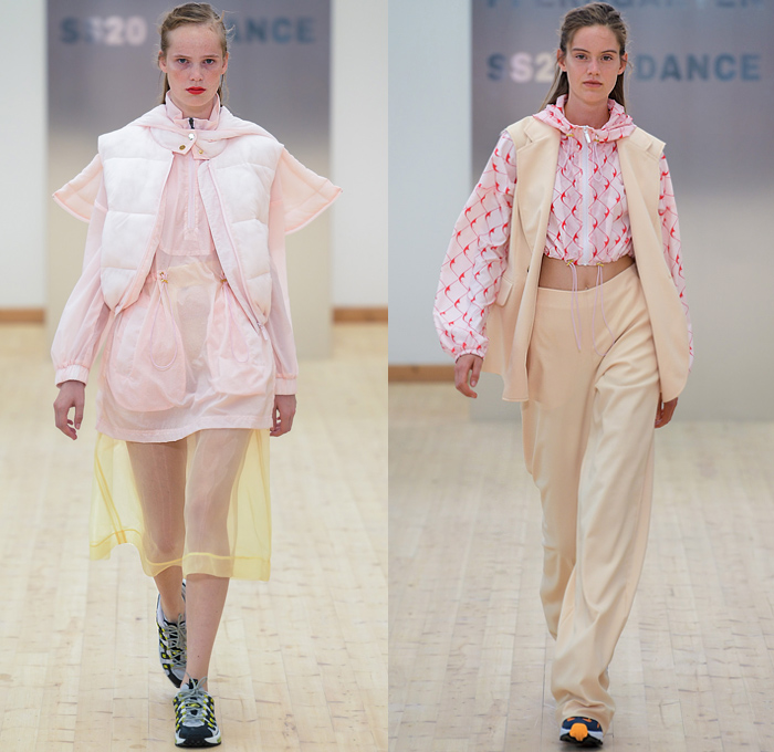 Baum und Pferdgarten 2020 Spring Summer Womens Runway Catwalk Looks Collection - Copenhagen Fashion Week Denmark CPHFW København - Dance Sheer Tulle Mesh Bucket Hat Mockneck Crop Top Midriff Shirt Cinch Drawstring Pantsuit Blazer Plaid Check Ruffles Dress Drawings Poufy Shoulders Noodle Strap Knit Sweater Swimwear Onesie Jumpsuit Coveralls Quilted Puffer Vest Bicycle Cycling Bike Compression Shorts Leggings Denim Jeans Culottes Wide Leg Cargo Pockets Shirtdress Handbag Trainers