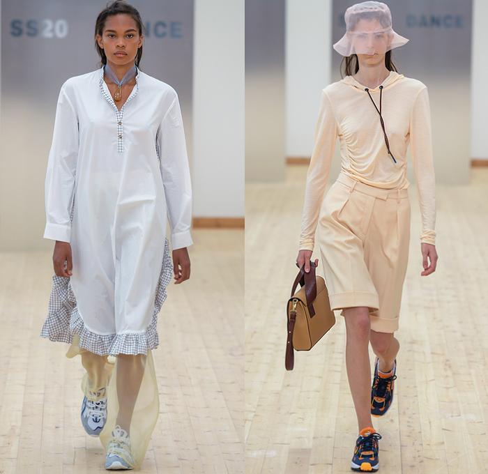 Baum und Pferdgarten 2020 Spring Summer Womens Runway Catwalk Looks Collection - Copenhagen Fashion Week Denmark CPHFW København - Dance Sheer Tulle Mesh Bucket Hat Mockneck Crop Top Midriff Shirt Cinch Drawstring Pantsuit Blazer Plaid Check Ruffles Dress Drawings Poufy Shoulders Noodle Strap Knit Sweater Swimwear Onesie Jumpsuit Coveralls Quilted Puffer Vest Bicycle Cycling Bike Compression Shorts Leggings Denim Jeans Culottes Wide Leg Cargo Pockets Shirtdress Handbag Trainers