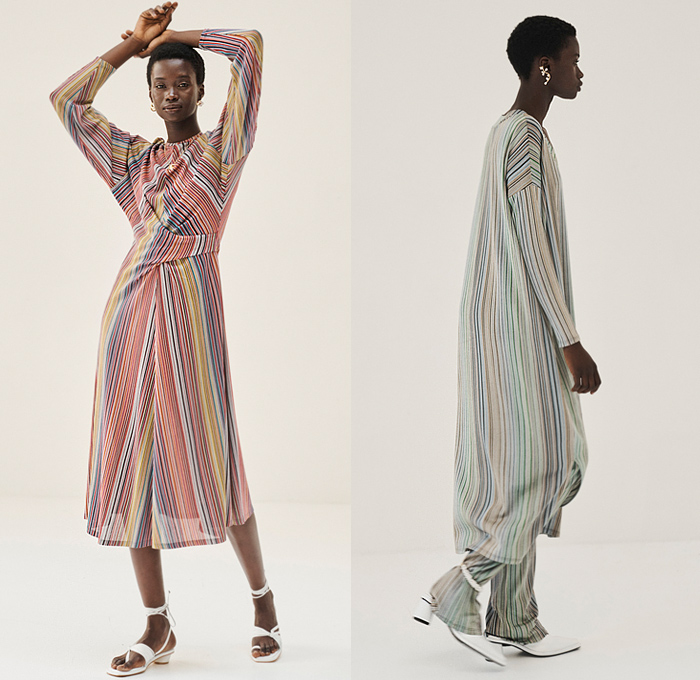 Beaufille 2020 Spring Summer Womens Lookbook Presentation - Poufy Shoulders Church Dress Asymmetrical Hem Sheer Tulle Long Sleeve Blouse Stripes Wrap Lace Flowers Floral Embroidery Sleeveless Tabard Tie Up Front Jacket Skirt Over Pants Neoprene Turtleneck Sweater Fold Over Accordion Pleats Curved Hem Ruffles Plastic Coat Kitten Heels Boots Tote Fishnet Bag