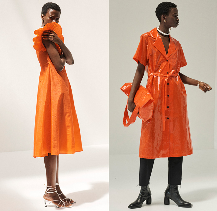 Beaufille 2020 Spring Summer Womens Lookbook Presentation - Poufy Shoulders Church Dress Asymmetrical Hem Sheer Tulle Long Sleeve Blouse Stripes Wrap Lace Flowers Floral Embroidery Sleeveless Tabard Tie Up Front Jacket Skirt Over Pants Neoprene Turtleneck Sweater Fold Over Accordion Pleats Curved Hem Ruffles Plastic Coat Kitten Heels Boots Tote Fishnet Bag