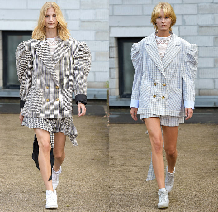 Brøgger 2020 Spring Summer Womens Runway Catwalk Looks Collection - Copenhagen Fashion Week Denmark CPHFW København - Oversized Boxy Poufy Puff Shoulders Check Plaid Double-Breasted Blazer Colorblock Tearaway Snap Buttons Shorts Cinch Pleats Flowers Floral Strapless Wrap Dress Over Long Sleeve Blouse Lace Needlework Embroidery Noodle Strap Ruffles Sheer Chiffon Trainers