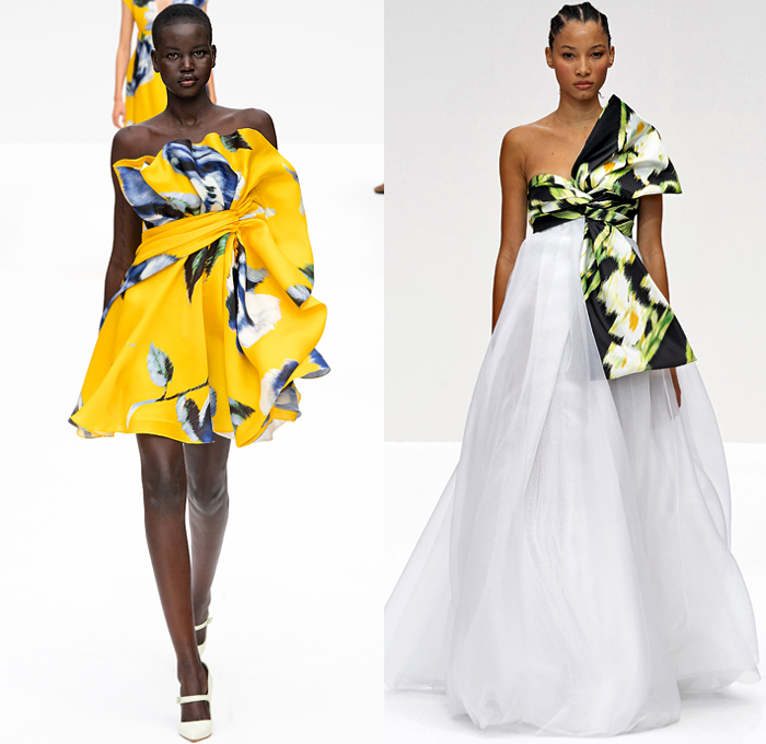 Carolina Herrera 2020 Spring Summer Womens Runway Catwalk Looks Collection Wes Gordon - New York Fashion Week NYFW - Super Bloom Botanical Wildflowers Trompe L'oeil Flowers Floral Lilies Verbena Lupine Print Plaid Check Stripes Polka Dots Blurred Abstract Silk Satin Sheer Chiffon Organza Tulle Ruffles Tied Knot Bedazzled Embroidery Sequins Rings Noodle Strap Poufy Shoulders Puff Sleeves Blouse Shirtdress Strapless Maxi Dress Gown Coat Jacket Wide Belt Long Skirt Shorts Sandals