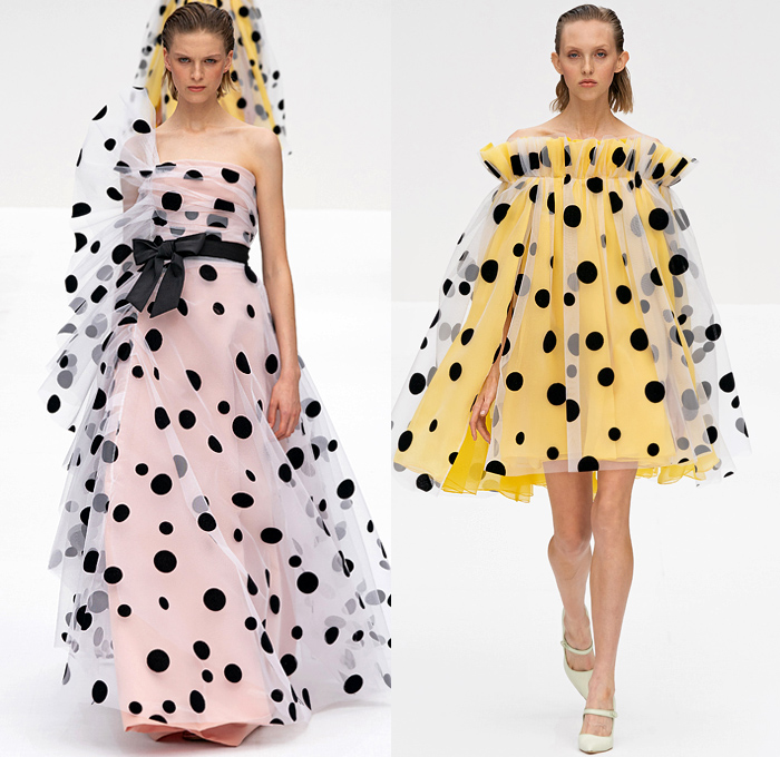 Carolina Herrera 2020 Spring Summer Womens Runway Catwalk Looks Collection Wes Gordon - New York Fashion Week NYFW - Super Bloom Botanical Wildflowers Trompe L'oeil Flowers Floral Lilies Verbena Lupine Print Plaid Check Stripes Polka Dots Blurred Abstract Silk Satin Sheer Chiffon Organza Tulle Ruffles Tied Knot Bedazzled Embroidery Sequins Rings Noodle Strap Poufy Shoulders Puff Sleeves Blouse Shirtdress Strapless Maxi Dress Gown Coat Jacket Wide Belt Long Skirt Shorts Sandals