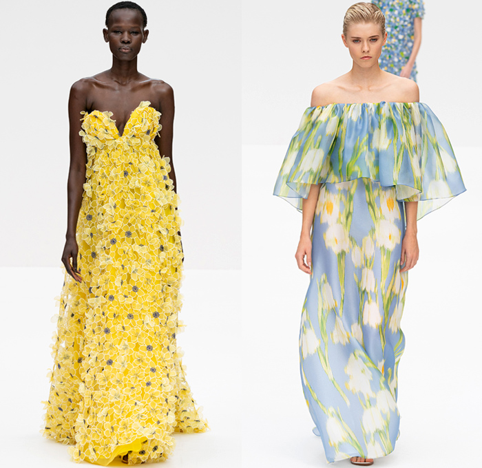 Carolina Herrera 2020 Spring Summer Womens Runway Catwalk Looks Collection Wes Gordon - New York Fashion Week NYFW - Super Bloom Botanical Wildflowers Trompe L'oeil Flowers Floral Lilies Verbena Lupine Print Plaid Check Stripes Polka Dots Blurred Abstract Silk Satin Sheer Chiffon Organza Tulle Ruffles Tied Knot Bedazzled Embroidery Sequins Rings Noodle Strap Poufy Shoulders Puff Sleeves Blouse Shirtdress Strapless Maxi Dress Gown Coat Jacket Wide Belt Long Skirt Shorts Sandals