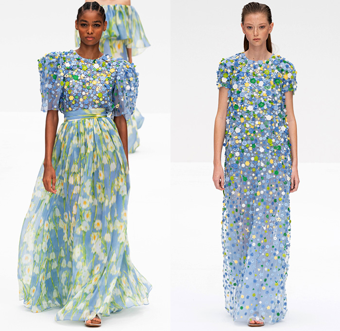 Carolina Herrera 2020 Spring Summer Womens Runway Catwalk Looks Collection Wes Gordon - New York Fashion Week NYFW - Super Bloom Botanical Wildflowers Trompe L'oeil Flowers Floral Lilies Verbena Lupine Print Plaid Check Stripes Polka Dots Blurred Abstract Silk Satin Sheer Chiffon Organza Tulle Ruffles Tied Knot Bedazzled Embroidery Sequins Rings Noodle Strap Poufy Shoulders Puff Sleeves Blouse Shirtdress Strapless Maxi Dress Gown Coat Jacket Wide Belt Long Skirt Shorts Sandals