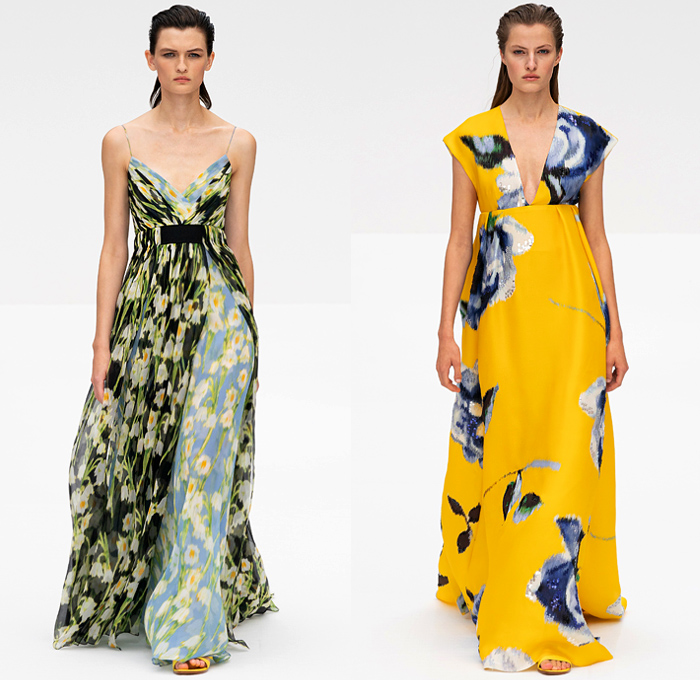 Carolina Herrera 2020 Spring Summer Womens Runway Catwalk Looks Collection Wes Gordon - New York Fashion Week NYFW - Super Bloom Botanical Wildflowers Trompe L'oeil Flowers Floral Lilies Verbena Lupine Print Plaid Check Stripes Polka Dots Blurred Abstract Silk Satin Sheer Chiffon Organza Tulle Ruffles Tied Knot Bedazzled Embroidery Sequins Rings Noodle Strap Poufy Shoulders Puff Sleeves Blouse Shirtdress Strapless Maxi Dress Gown Coat Jacket Wide Belt Long Skirt Shorts Sandals