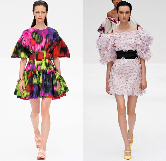 Carolina Herrera 2020 Spring Summer Womens Runway Catwalk Looks Collection Wes Gordon - New York Fashion Week NYFW - Super Bloom Botanical Wildflowers Trompe L'oeil Flowers Floral Lilies Verbena Lupine Print Plaid Check Stripes Polka Dots Blurred Abstract Silk Satin Sheer Chiffon Organza Tulle Ruffles Tied Knot Bedazzled Embroidery Sequins Rings Noodle Strap Poufy Shoulders Puff Sleeves Blouse Shirtdress Strapless Maxi Dress Gown Coat Jacket Wide Belt Long Skirt Shorts Sandals