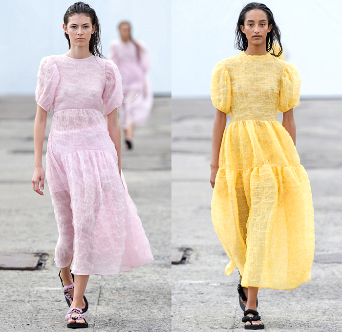 Cecilie Bahnsen 2020 Spring Summer Womens Runway Catwalk Looks Collection - Copenhagen Fashion Week Denmark CPHFW København - Sheer Chiffon See Through Tulle Dress Threads Pantsuit Blazer Cargo Pockets Curved Cutout Hem Sleeveless Ruffles Wrinkles Fringes Feathers Noodle Strap Poufy Shoulders Puff Sleeve Leg O'Mutton Balloon Wrap Knit Grid Check Lattice Slippers
