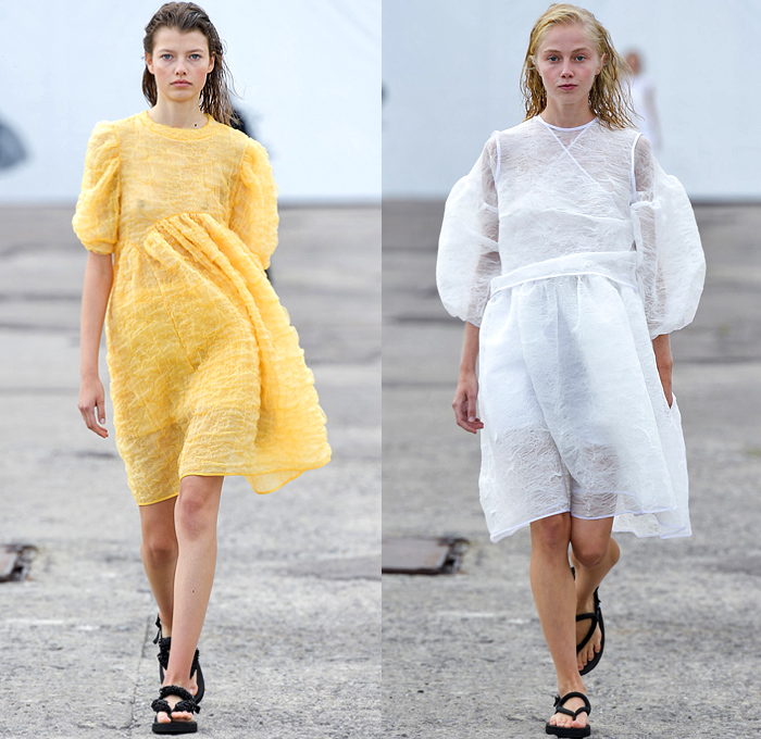 Cecilie Bahnsen 2020 Spring Summer Womens Runway Catwalk Looks Collection - Copenhagen Fashion Week Denmark CPHFW København - Sheer Chiffon See Through Tulle Dress Threads Pantsuit Blazer Cargo Pockets Curved Cutout Hem Sleeveless Ruffles Wrinkles Fringes Feathers Noodle Strap Poufy Shoulders Puff Sleeve Leg O'Mutton Balloon Wrap Knit Grid Check Lattice Slippers