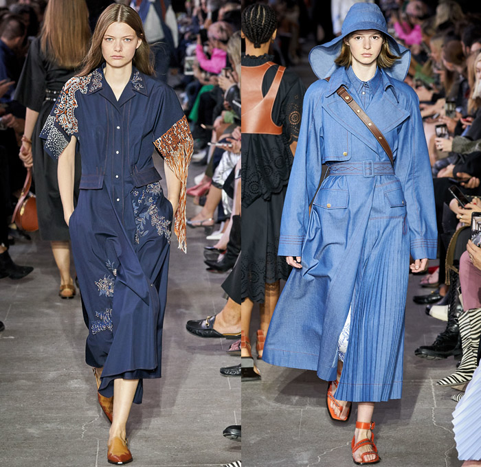 Cédric Charlier 2020 Spring Summer Womens Runway Catwalk Looks Collection - Mode à Paris Fashion Week France - Americana Western Decorative Art Flowers Floral Birds Paisley Lace Embroidery Eyelets Cutwork Tiered Ruffles Twill Patchwork Knit Turtleneck Fringes Dress Bucket Hat Neck Flap Accordion Pleats Tied Knot Ribbed Contrast Stitch Leather Holster Denim Jeans Trench Coat Jacket Shirtdress Skirt Shorts Handbag Sandals