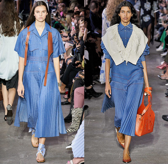 Cédric Charlier 2020 Spring Summer Womens Runway Catwalk Looks Collection - Mode à Paris Fashion Week France - Americana Western Decorative Art Flowers Floral Birds Paisley Lace Embroidery Eyelets Cutwork Tiered Ruffles Twill Patchwork Knit Turtleneck Fringes Dress Bucket Hat Neck Flap Accordion Pleats Tied Knot Ribbed Contrast Stitch Leather Holster Denim Jeans Trench Coat Jacket Shirtdress Skirt Shorts Handbag Sandals