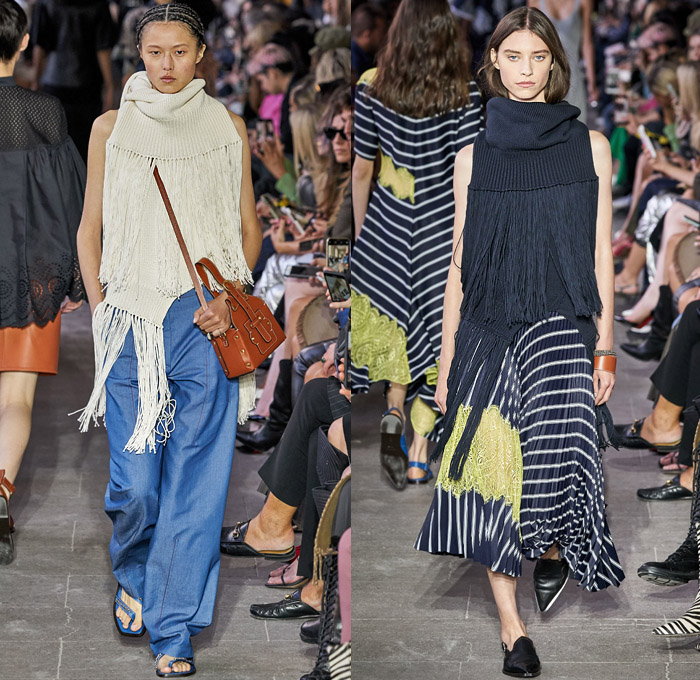 Cédric Charlier 2020 Spring Summer Womens Runway Catwalk Looks Collection - Mode à Paris Fashion Week France - Americana Western Decorative Art Flowers Floral Birds Paisley Lace Embroidery Eyelets Cutwork Tiered Ruffles Twill Patchwork Knit Turtleneck Fringes Dress Bucket Hat Neck Flap Accordion Pleats Tied Knot Ribbed Contrast Stitch Leather Holster Denim Jeans Trench Coat Jacket Shirtdress Skirt Shorts Handbag Sandals