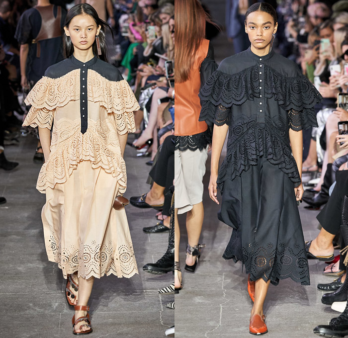 Cédric Charlier 2020 Spring Summer Womens Runway Catwalk Looks Collection - Mode à Paris Fashion Week France - Americana Western Decorative Art Flowers Floral Birds Paisley Lace Embroidery Eyelets Cutwork Tiered Ruffles Twill Patchwork Knit Turtleneck Fringes Dress Bucket Hat Neck Flap Accordion Pleats Tied Knot Ribbed Contrast Stitch Leather Holster Denim Jeans Trench Coat Jacket Shirtdress Skirt Shorts Handbag Sandals