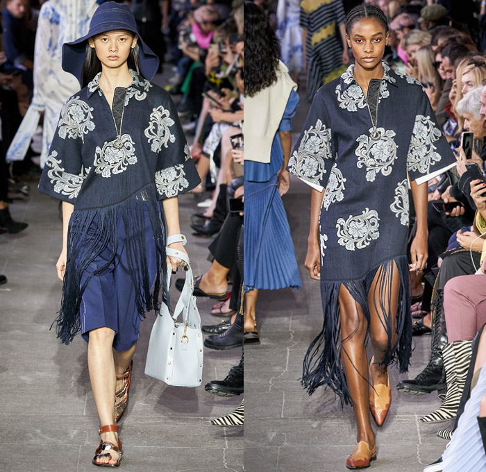 Cédric Charlier 2020 Spring Summer Womens Runway Catwalk Looks Collection - Mode à Paris Fashion Week France - Americana Western Decorative Art Flowers Floral Birds Paisley Lace Embroidery Eyelets Cutwork Tiered Ruffles Twill Patchwork Knit Turtleneck Fringes Dress Bucket Hat Neck Flap Accordion Pleats Tied Knot Ribbed Contrast Stitch Leather Holster Denim Jeans Trench Coat Jacket Shirtdress Skirt Shorts Handbag Sandals