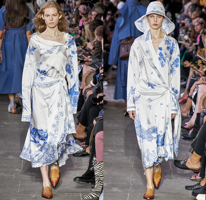 Cédric Charlier 2020 Spring Summer Womens Runway Catwalk Looks Collection - Mode à Paris Fashion Week France - Americana Western Decorative Art Flowers Floral Birds Paisley Lace Embroidery Eyelets Cutwork Tiered Ruffles Twill Patchwork Knit Turtleneck Fringes Dress Bucket Hat Neck Flap Accordion Pleats Tied Knot Ribbed Contrast Stitch Leather Holster Denim Jeans Trench Coat Jacket Shirtdress Skirt Shorts Handbag Sandals