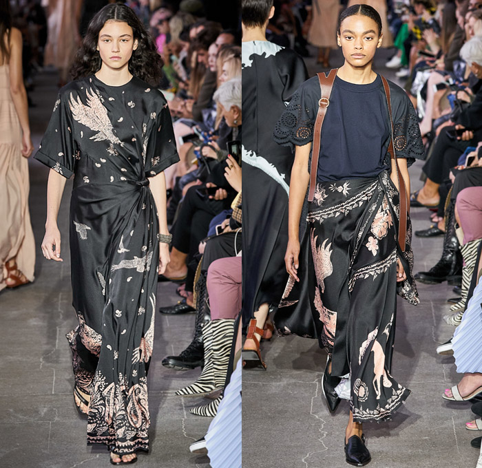 Cédric Charlier 2020 Spring Summer Womens Runway Catwalk Looks Collection - Mode à Paris Fashion Week France - Americana Western Decorative Art Flowers Floral Birds Paisley Lace Embroidery Eyelets Cutwork Tiered Ruffles Twill Patchwork Knit Turtleneck Fringes Dress Bucket Hat Neck Flap Accordion Pleats Tied Knot Ribbed Contrast Stitch Leather Holster Denim Jeans Trench Coat Jacket Shirtdress Skirt Shorts Handbag Sandals