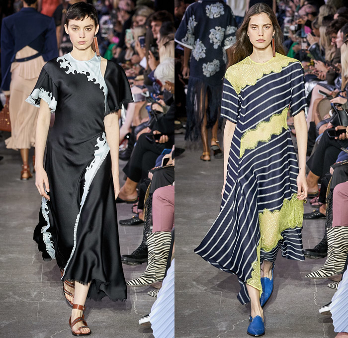 Cédric Charlier 2020 Spring Summer Womens Runway Catwalk Looks Collection - Mode à Paris Fashion Week France - Americana Western Decorative Art Flowers Floral Birds Paisley Lace Embroidery Eyelets Cutwork Tiered Ruffles Twill Patchwork Knit Turtleneck Fringes Dress Bucket Hat Neck Flap Accordion Pleats Tied Knot Ribbed Contrast Stitch Leather Holster Denim Jeans Trench Coat Jacket Shirtdress Skirt Shorts Handbag Sandals