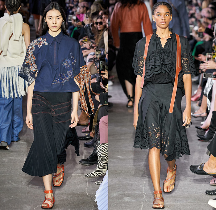 Cédric Charlier 2020 Spring Summer Womens Runway Catwalk Looks Collection - Mode à Paris Fashion Week France - Americana Western Decorative Art Flowers Floral Birds Paisley Lace Embroidery Eyelets Cutwork Tiered Ruffles Twill Patchwork Knit Turtleneck Fringes Dress Bucket Hat Neck Flap Accordion Pleats Tied Knot Ribbed Contrast Stitch Leather Holster Denim Jeans Trench Coat Jacket Shirtdress Skirt Shorts Handbag Sandals