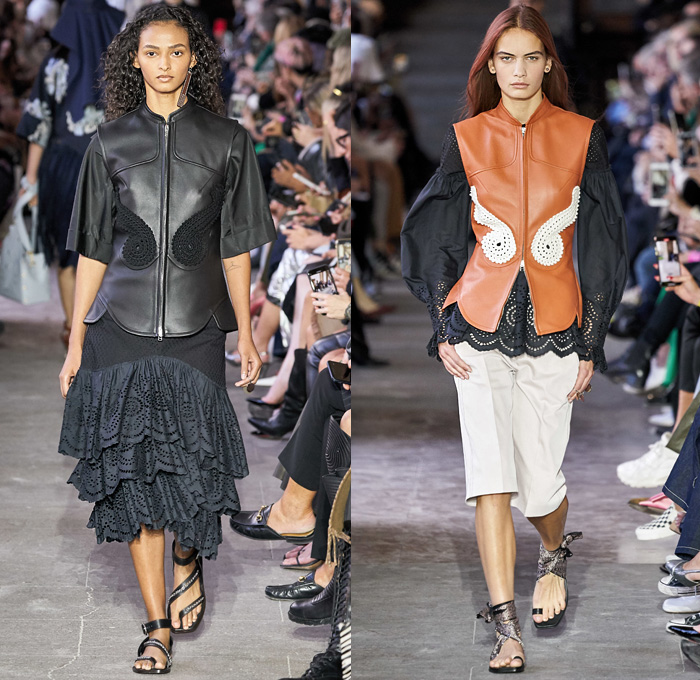 Cédric Charlier 2020 Spring Summer Womens Runway Catwalk Looks Collection - Mode à Paris Fashion Week France - Americana Western Decorative Art Flowers Floral Birds Paisley Lace Embroidery Eyelets Cutwork Tiered Ruffles Twill Patchwork Knit Turtleneck Fringes Dress Bucket Hat Neck Flap Accordion Pleats Tied Knot Ribbed Contrast Stitch Leather Holster Denim Jeans Trench Coat Jacket Shirtdress Skirt Shorts Handbag Sandals