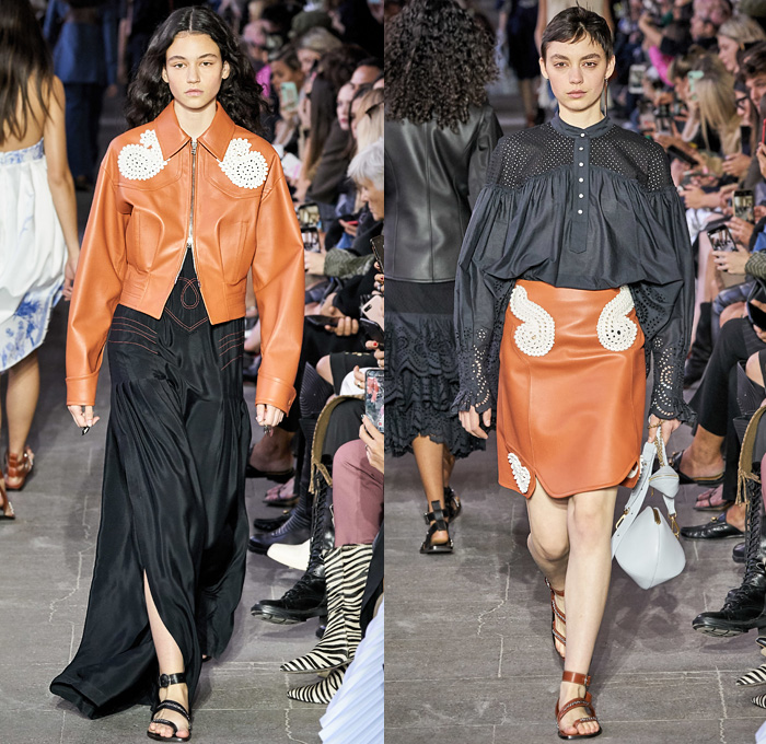 Cédric Charlier 2020 Spring Summer Womens Runway Catwalk Looks Collection - Mode à Paris Fashion Week France - Americana Western Decorative Art Flowers Floral Birds Paisley Lace Embroidery Eyelets Cutwork Tiered Ruffles Twill Patchwork Knit Turtleneck Fringes Dress Bucket Hat Neck Flap Accordion Pleats Tied Knot Ribbed Contrast Stitch Leather Holster Denim Jeans Trench Coat Jacket Shirtdress Skirt Shorts Handbag Sandals