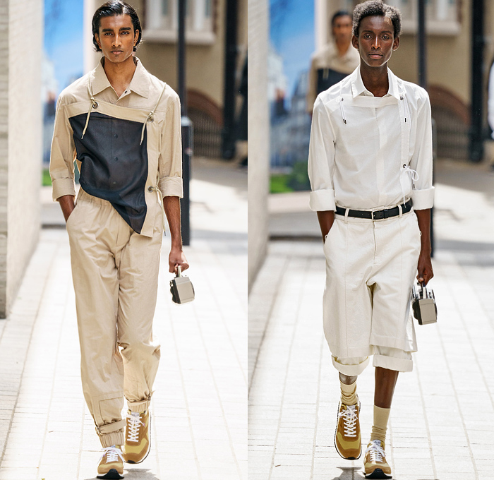 Hussein Chalayan 2020 Spring Summer Mens Runway Looks Collection London Fashion Week Mens LFWM - Boombox Grommets Cinch Drawstring Shoelaces Buckle Strap Long Sleeve Shirt Stripes Jacket Coat Suit Check Slacks Jogger Double Hem Denim Jeans Shorts Tribal Cultural Print Trainers Dad Shoes 