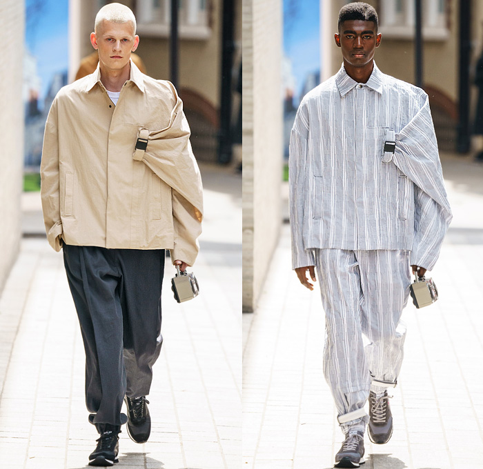 Hussein Chalayan 2020 Spring Summer Mens Runway Looks Collection London Fashion Week Mens LFWM - Boombox Grommets Cinch Drawstring Shoelaces Buckle Strap Long Sleeve Shirt Stripes Jacket Coat Suit Check Slacks Jogger Double Hem Denim Jeans Shorts Tribal Cultural Print Trainers Dad Shoes 