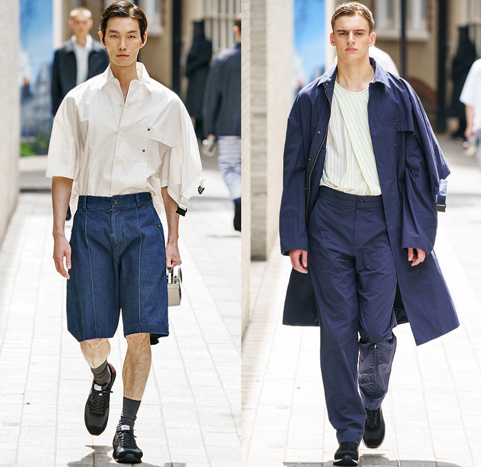 Hussein Chalayan 2020 Spring Summer Mens Runway Looks Collection London Fashion Week Mens LFWM - Boombox Grommets Cinch Drawstring Shoelaces Buckle Strap Long Sleeve Shirt Stripes Jacket Coat Suit Check Slacks Jogger Double Hem Denim Jeans Shorts Tribal Cultural Print Trainers Dad Shoes 