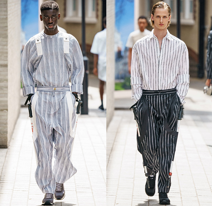 Hussein Chalayan 2020 Spring Summer Mens Runway Looks Collection London Fashion Week Mens LFWM - Boombox Grommets Cinch Drawstring Shoelaces Buckle Strap Long Sleeve Shirt Stripes Jacket Coat Suit Check Slacks Jogger Double Hem Denim Jeans Shorts Tribal Cultural Print Trainers Dad Shoes 