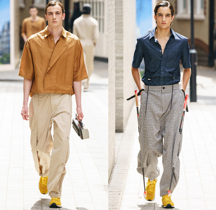 Hussein Chalayan 2020 Spring Summer Mens Runway Looks Collection London Fashion Week Mens LFWM - Boombox Grommets Cinch Drawstring Shoelaces Buckle Strap Long Sleeve Shirt Stripes Jacket Coat Suit Check Slacks Jogger Double Hem Denim Jeans Shorts Tribal Cultural Print Trainers Dad Shoes 