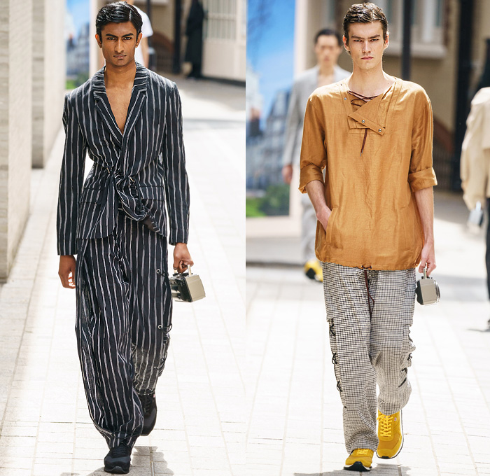 Hussein Chalayan 2020 Spring Summer Mens Runway Looks Collection London Fashion Week Mens LFWM - Boombox Grommets Cinch Drawstring Shoelaces Buckle Strap Long Sleeve Shirt Stripes Jacket Coat Suit Check Slacks Jogger Double Hem Denim Jeans Shorts Tribal Cultural Print Trainers Dad Shoes 