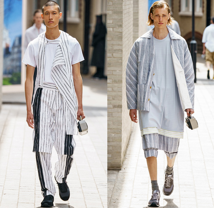 Hussein Chalayan 2020 Spring Summer Mens Runway Looks Collection London Fashion Week Mens LFWM - Boombox Grommets Cinch Drawstring Shoelaces Buckle Strap Long Sleeve Shirt Stripes Jacket Coat Suit Check Slacks Jogger Double Hem Denim Jeans Shorts Tribal Cultural Print Trainers Dad Shoes 