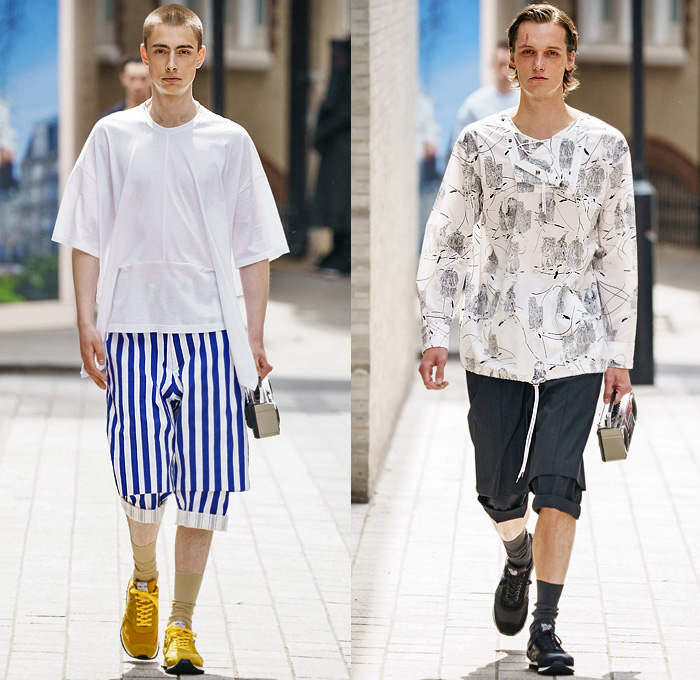 Hussein Chalayan 2020 Spring Summer Mens Runway Looks Collection London Fashion Week Mens LFWM - Boombox Grommets Cinch Drawstring Shoelaces Buckle Strap Long Sleeve Shirt Stripes Jacket Coat Suit Check Slacks Jogger Double Hem Denim Jeans Shorts Tribal Cultural Print Trainers Dad Shoes 