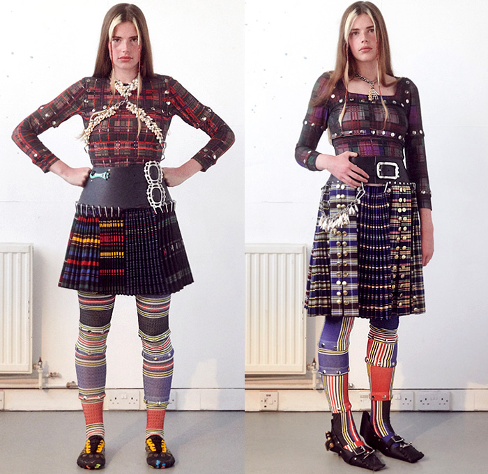 Chopova Lowena 2020 Spring Summer Womens Lookbook Presentation - London Fashion Week Collections UK - Plaid Tartan Check Kilt Skirt Metal Hooks Carabiner Buttons Studs Accordion Pleats Knit Sweater Patchwork Stripes Sea Shells Harness Chain Wide Belt Rings Loops Bedazzled Keychain Sailor Collar Lace Embroidery Poufy Shoulders Leg O'Mutton Sleeves Blouse Dress Miniskirt Butterflies Floral Coat Asymmetrical Hem Leggings Tights Leather Satchel Sneaker Flats