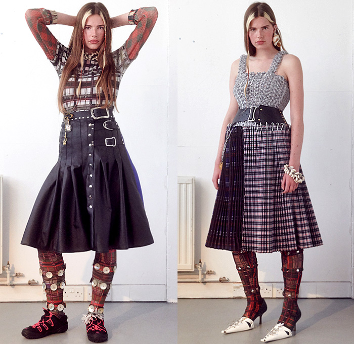 Chopova Lowena 2020 Spring Summer Womens Lookbook Presentation - London Fashion Week Collections UK - Plaid Tartan Check Kilt Skirt Metal Hooks Carabiner Buttons Studs Accordion Pleats Knit Sweater Patchwork Stripes Sea Shells Harness Chain Wide Belt Rings Loops Bedazzled Keychain Sailor Collar Lace Embroidery Poufy Shoulders Leg O'Mutton Sleeves Blouse Dress Miniskirt Butterflies Floral Coat Asymmetrical Hem Leggings Tights Leather Satchel Sneaker Flats