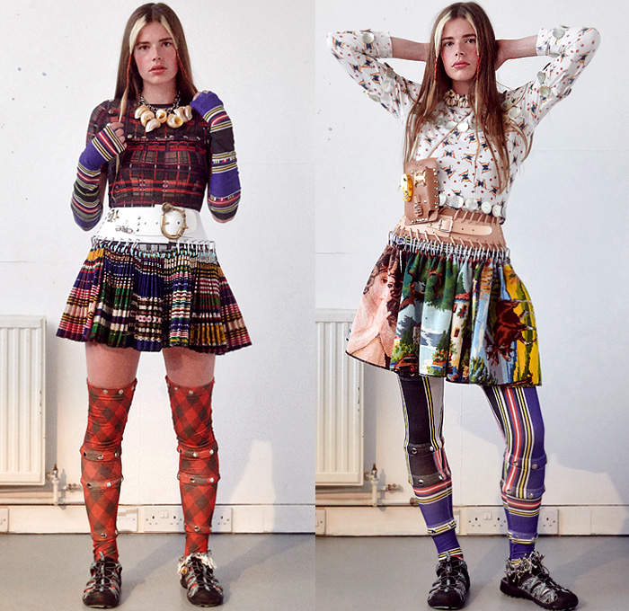 Chopova Lowena 2020 Spring Summer Womens Lookbook Presentation - London Fashion Week Collections UK - Plaid Tartan Check Kilt Skirt Metal Hooks Carabiner Buttons Studs Accordion Pleats Knit Sweater Patchwork Stripes Sea Shells Harness Chain Wide Belt Rings Loops Bedazzled Keychain Sailor Collar Lace Embroidery Poufy Shoulders Leg O'Mutton Sleeves Blouse Dress Miniskirt Butterflies Floral Coat Asymmetrical Hem Leggings Tights Leather Satchel Sneaker Flats