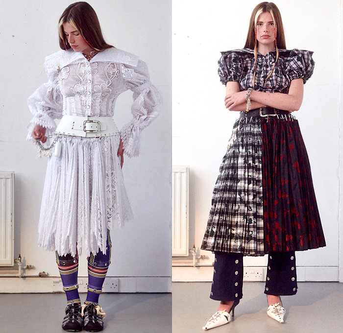 Chopova Lowena 2020 Spring Summer Womens Lookbook Presentation - London Fashion Week Collections UK - Plaid Tartan Check Kilt Skirt Metal Hooks Carabiner Buttons Studs Accordion Pleats Knit Sweater Patchwork Stripes Sea Shells Harness Chain Wide Belt Rings Loops Bedazzled Keychain Sailor Collar Lace Embroidery Poufy Shoulders Leg O'Mutton Sleeves Blouse Dress Miniskirt Butterflies Floral Coat Asymmetrical Hem Leggings Tights Leather Satchel Sneaker Flats