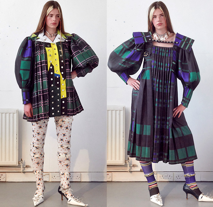 Chopova Lowena 2020 Spring Summer Womens Lookbook Presentation - London Fashion Week Collections UK - Plaid Tartan Check Kilt Skirt Metal Hooks Carabiner Buttons Studs Accordion Pleats Knit Sweater Patchwork Stripes Sea Shells Harness Chain Wide Belt Rings Loops Bedazzled Keychain Sailor Collar Lace Embroidery Poufy Shoulders Leg O'Mutton Sleeves Blouse Dress Miniskirt Butterflies Floral Coat Asymmetrical Hem Leggings Tights Leather Satchel Sneaker Flats