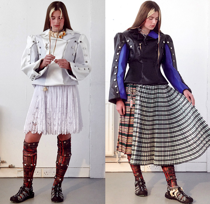 Chopova Lowena 2020 Spring Summer Womens Lookbook Presentation - London Fashion Week Collections UK - Plaid Tartan Check Kilt Skirt Metal Hooks Carabiner Buttons Studs Accordion Pleats Knit Sweater Patchwork Stripes Sea Shells Harness Chain Wide Belt Rings Loops Bedazzled Keychain Sailor Collar Lace Embroidery Poufy Shoulders Leg O'Mutton Sleeves Blouse Dress Miniskirt Butterflies Floral Coat Asymmetrical Hem Leggings Tights Leather Satchel Sneaker Flats