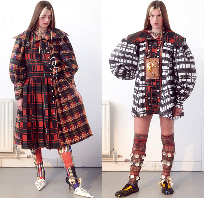 Chopova Lowena 2020 Spring Summer Womens Lookbook Presentation - London Fashion Week Collections UK - Plaid Tartan Check Kilt Skirt Metal Hooks Carabiner Buttons Studs Accordion Pleats Knit Sweater Patchwork Stripes Sea Shells Harness Chain Wide Belt Rings Loops Bedazzled Keychain Sailor Collar Lace Embroidery Poufy Shoulders Leg O'Mutton Sleeves Blouse Dress Miniskirt Butterflies Floral Coat Asymmetrical Hem Leggings Tights Leather Satchel Sneaker Flats