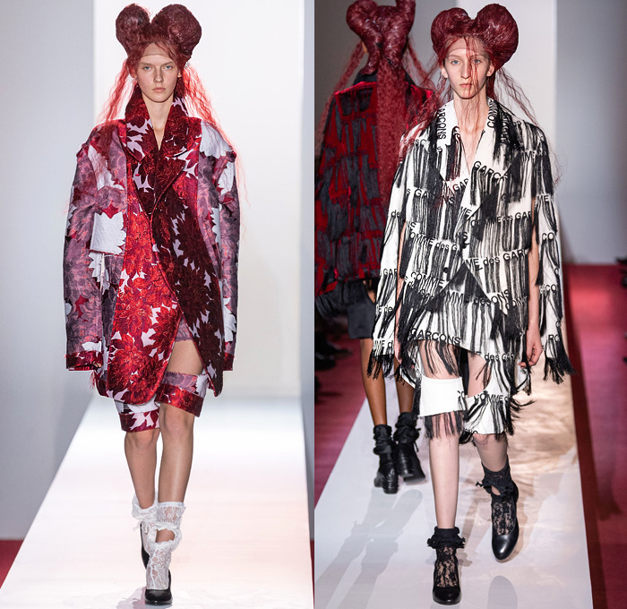 Comme des Garçons 2020 Spring Summer Womens Runway Catwalk Looks Collection - Mode à Paris Fashion Week France - Opera Sculpture Pipe Funnel Brocade Jacquard 3D Trompe L'oeil Flowers Floral Oversized Coat Threads Fringes Lace Embroidery Velvet Silk Satin Crop Top Midriff Sheer Tulle Ruffles Landscape Print Leg O'Mutton Balloon Wide Sleeves Accordion Pleats Quilted Patchwork Feathers Polka Dots Draped Puff Ball Skirt Leggings Tights Cutout Shorts 