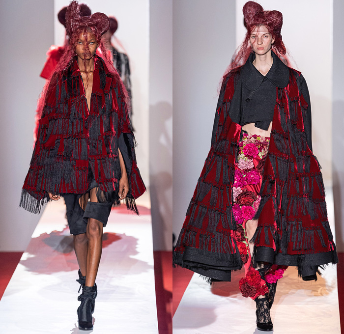 Comme des Garçons 2020 Spring Summer Womens Runway Catwalk Looks Collection - Mode à Paris Fashion Week France - Opera Sculpture Pipe Funnel Brocade Jacquard 3D Trompe L'oeil Flowers Floral Oversized Coat Threads Fringes Lace Embroidery Velvet Silk Satin Crop Top Midriff Sheer Tulle Ruffles Landscape Print Leg O'Mutton Balloon Wide Sleeves Accordion Pleats Quilted Patchwork Feathers Polka Dots Draped Puff Ball Skirt Leggings Tights Cutout Shorts 