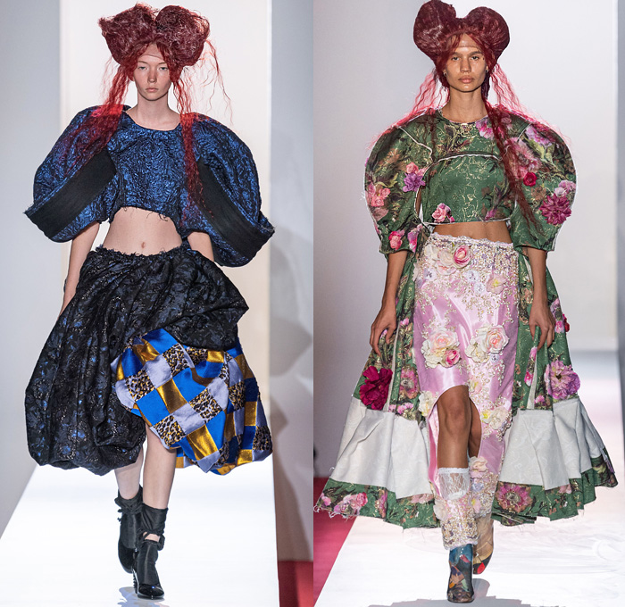 Comme des Garçons 2020 Spring Summer Womens Runway Catwalk Looks Collection - Mode à Paris Fashion Week France - Opera Sculpture Pipe Funnel Brocade Jacquard 3D Trompe L'oeil Flowers Floral Oversized Coat Threads Fringes Lace Embroidery Velvet Silk Satin Crop Top Midriff Sheer Tulle Ruffles Landscape Print Leg O'Mutton Balloon Wide Sleeves Accordion Pleats Quilted Patchwork Feathers Polka Dots Draped Puff Ball Skirt Leggings Tights Cutout Shorts 