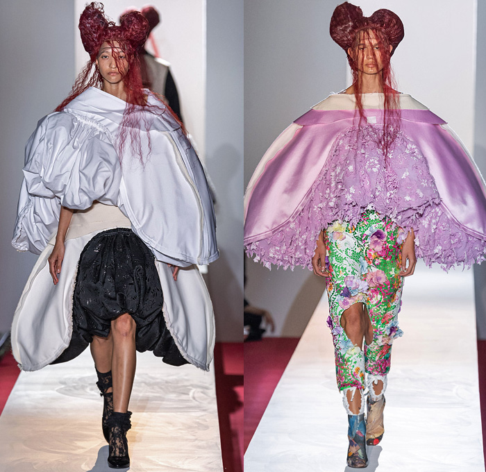 Comme des Garçons 2020 Spring Summer Womens Runway Catwalk Looks Collection - Mode à Paris Fashion Week France - Opera Sculpture Pipe Funnel Brocade Jacquard 3D Trompe L'oeil Flowers Floral Oversized Coat Threads Fringes Lace Embroidery Velvet Silk Satin Crop Top Midriff Sheer Tulle Ruffles Landscape Print Leg O'Mutton Balloon Wide Sleeves Accordion Pleats Quilted Patchwork Feathers Polka Dots Draped Puff Ball Skirt Leggings Tights Cutout Shorts 