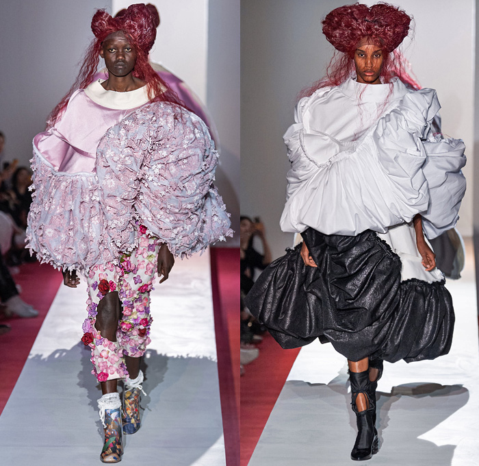 Comme des Garçons 2020 Spring Summer Womens Runway Catwalk Looks Collection - Mode à Paris Fashion Week France - Opera Sculpture Pipe Funnel Brocade Jacquard 3D Trompe L'oeil Flowers Floral Oversized Coat Threads Fringes Lace Embroidery Velvet Silk Satin Crop Top Midriff Sheer Tulle Ruffles Landscape Print Leg O'Mutton Balloon Wide Sleeves Accordion Pleats Quilted Patchwork Feathers Polka Dots Draped Puff Ball Skirt Leggings Tights Cutout Shorts 