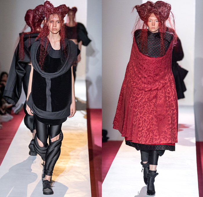 Comme des Garçons 2020 Spring Summer Womens Runway Catwalk Looks Collection - Mode à Paris Fashion Week France - Opera Sculpture Pipe Funnel Brocade Jacquard 3D Trompe L'oeil Flowers Floral Oversized Coat Threads Fringes Lace Embroidery Velvet Silk Satin Crop Top Midriff Sheer Tulle Ruffles Landscape Print Leg O'Mutton Balloon Wide Sleeves Accordion Pleats Quilted Patchwork Feathers Polka Dots Draped Puff Ball Skirt Leggings Tights Cutout Shorts 