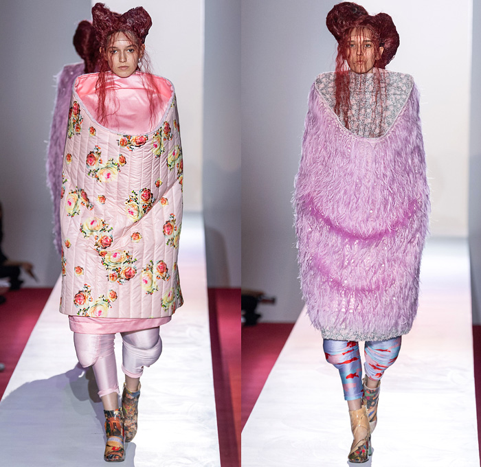 Comme des Garçons 2020 Spring Summer Womens Runway Catwalk Looks Collection - Mode à Paris Fashion Week France - Opera Sculpture Pipe Funnel Brocade Jacquard 3D Trompe L'oeil Flowers Floral Oversized Coat Threads Fringes Lace Embroidery Velvet Silk Satin Crop Top Midriff Sheer Tulle Ruffles Landscape Print Leg O'Mutton Balloon Wide Sleeves Accordion Pleats Quilted Patchwork Feathers Polka Dots Draped Puff Ball Skirt Leggings Tights Cutout Shorts 